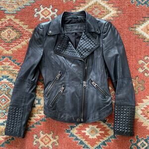 Zara Basic Black Lambskin Leather Biker Moto Zip Studded Jacket Size XS
